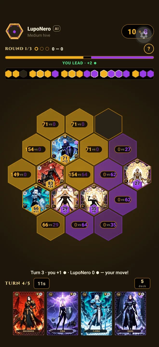 Hive TCG gameplay — a round in progress on the 19-tile hex board