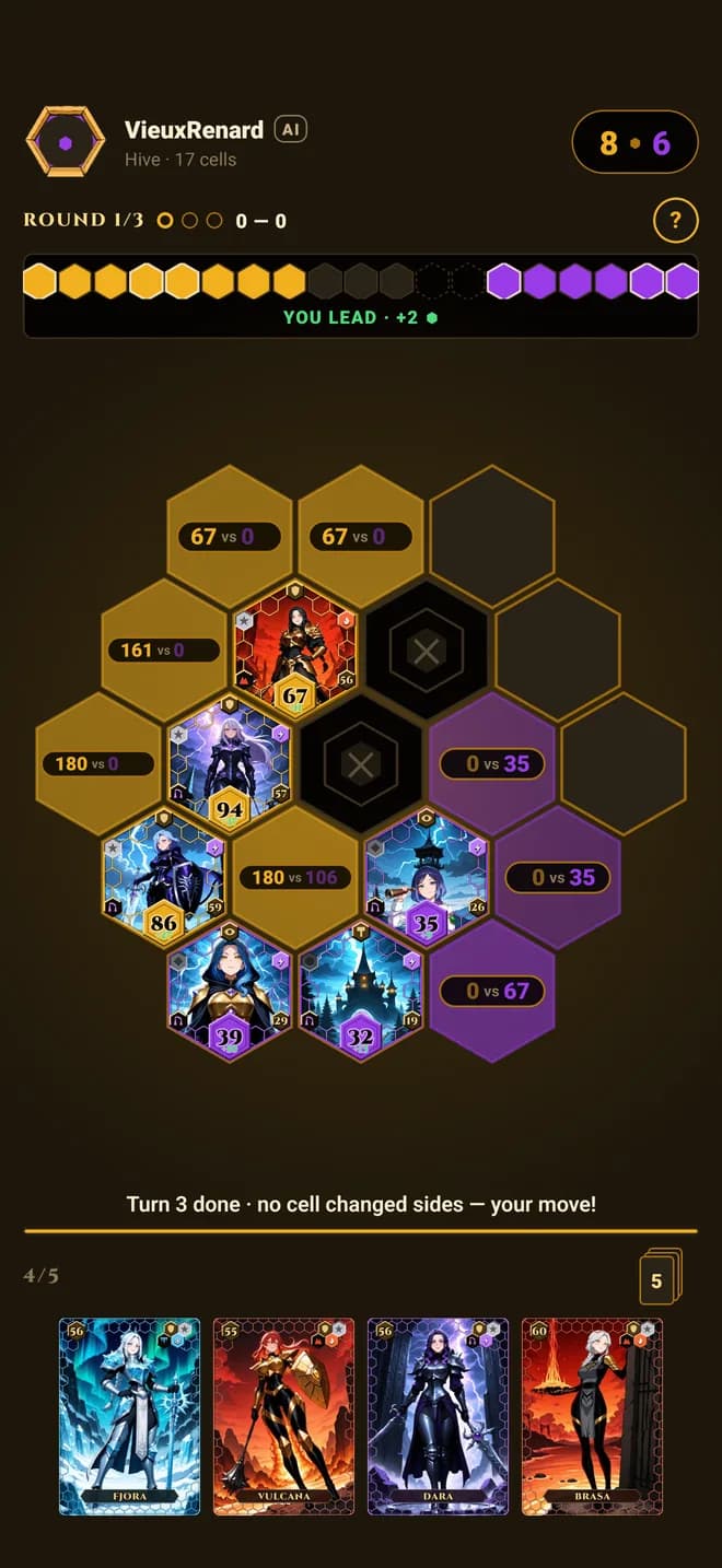 Hive TCG gameplay — a round in progress on the 19-tile hex board