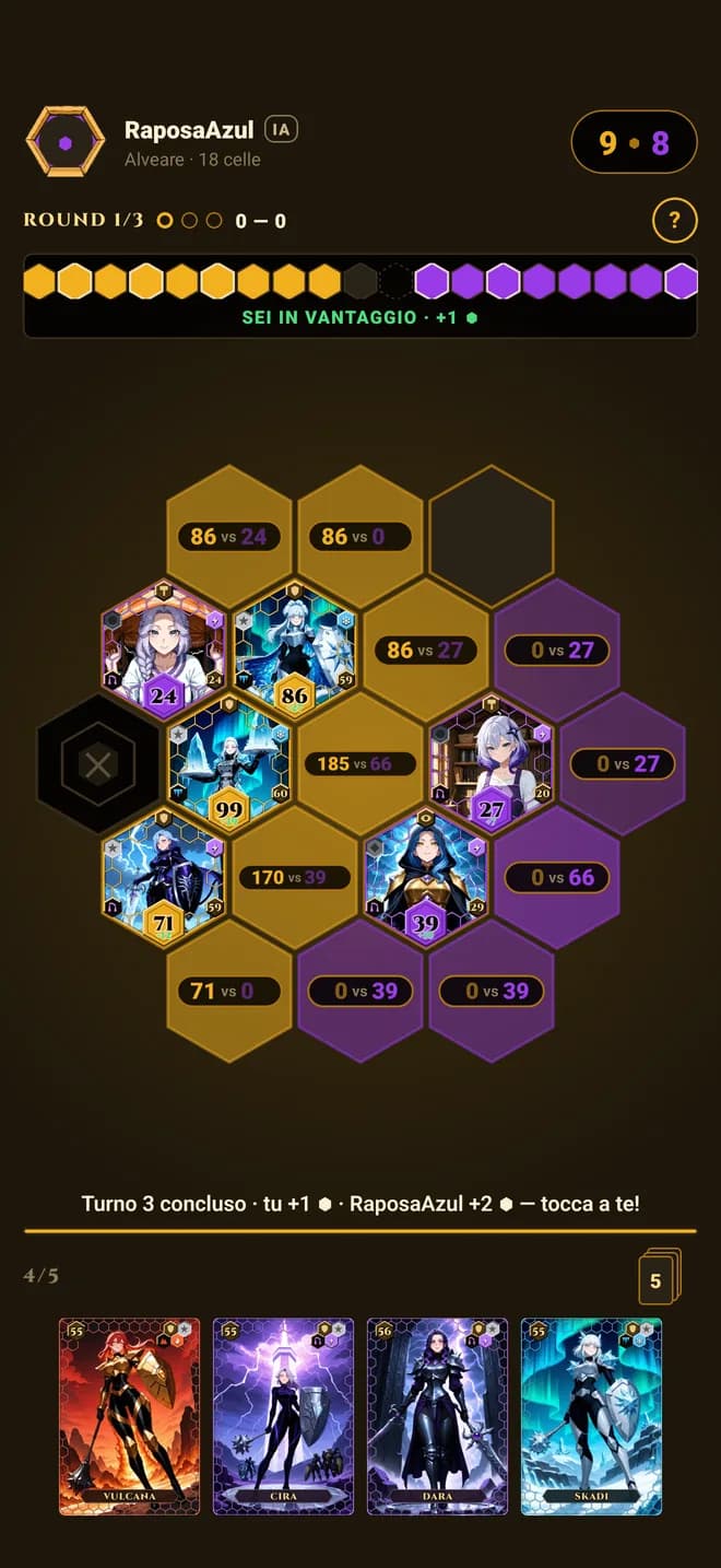 Gameplay di Hive TCG — un round in corso sul tabellone esagonale da 19 caselle