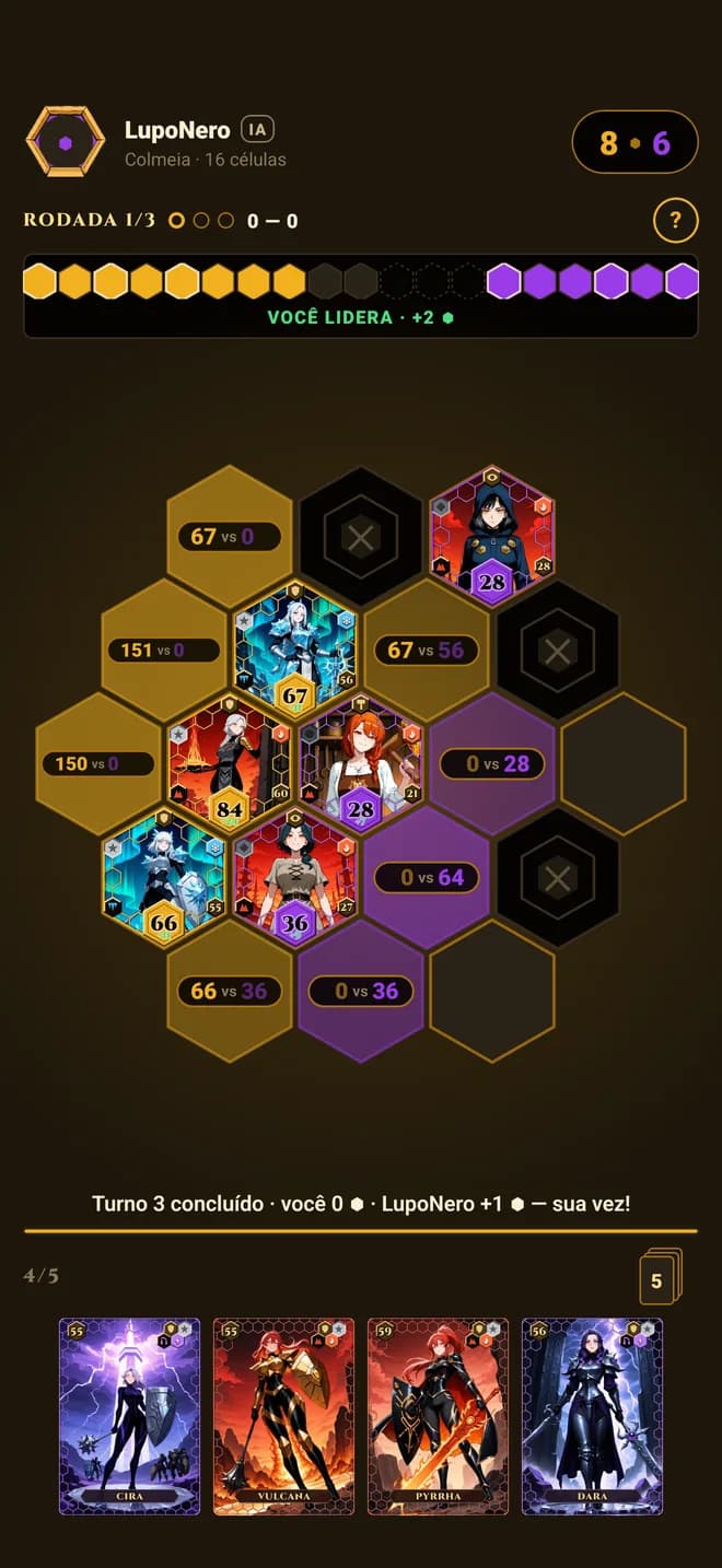Gameplay de Hive TCG — uma rodada em andamento no tabuleiro hexagonal de 19 casas