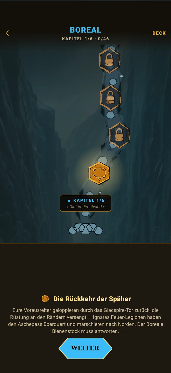 Hive TCG — die Kampagnenkarte eines Stocks mit ihren Kapitelknoten