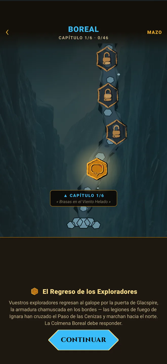 Hive TCG — el mapa de campaña de una colmena con sus nodos de capítulo