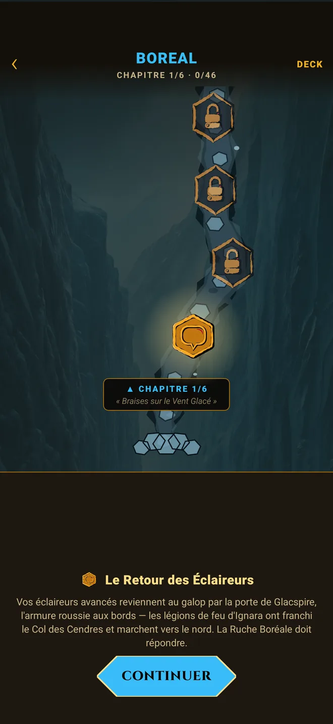 Hive TCG — la carte de campagne d'une ruche et ses nœuds de chapitre