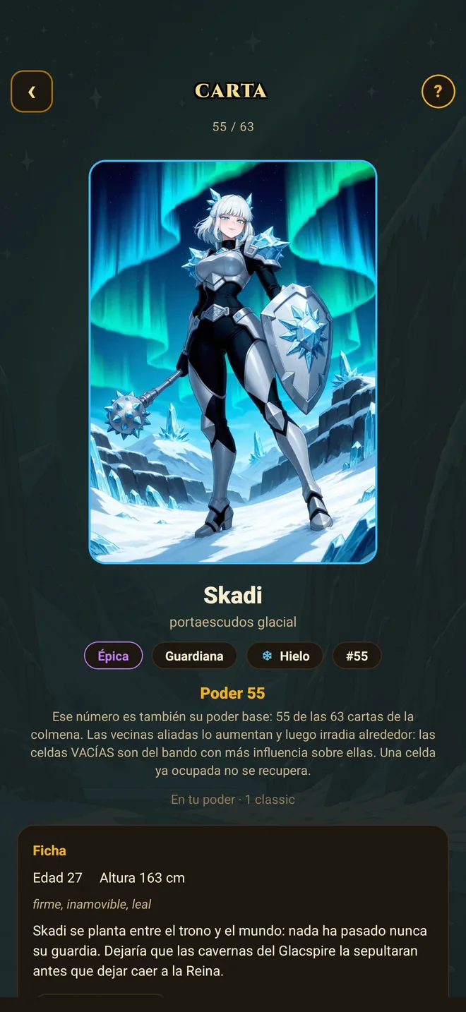 Hive TCG — la pantalla de detalle de una carta, con su ilustración completa, su casta y su rareza