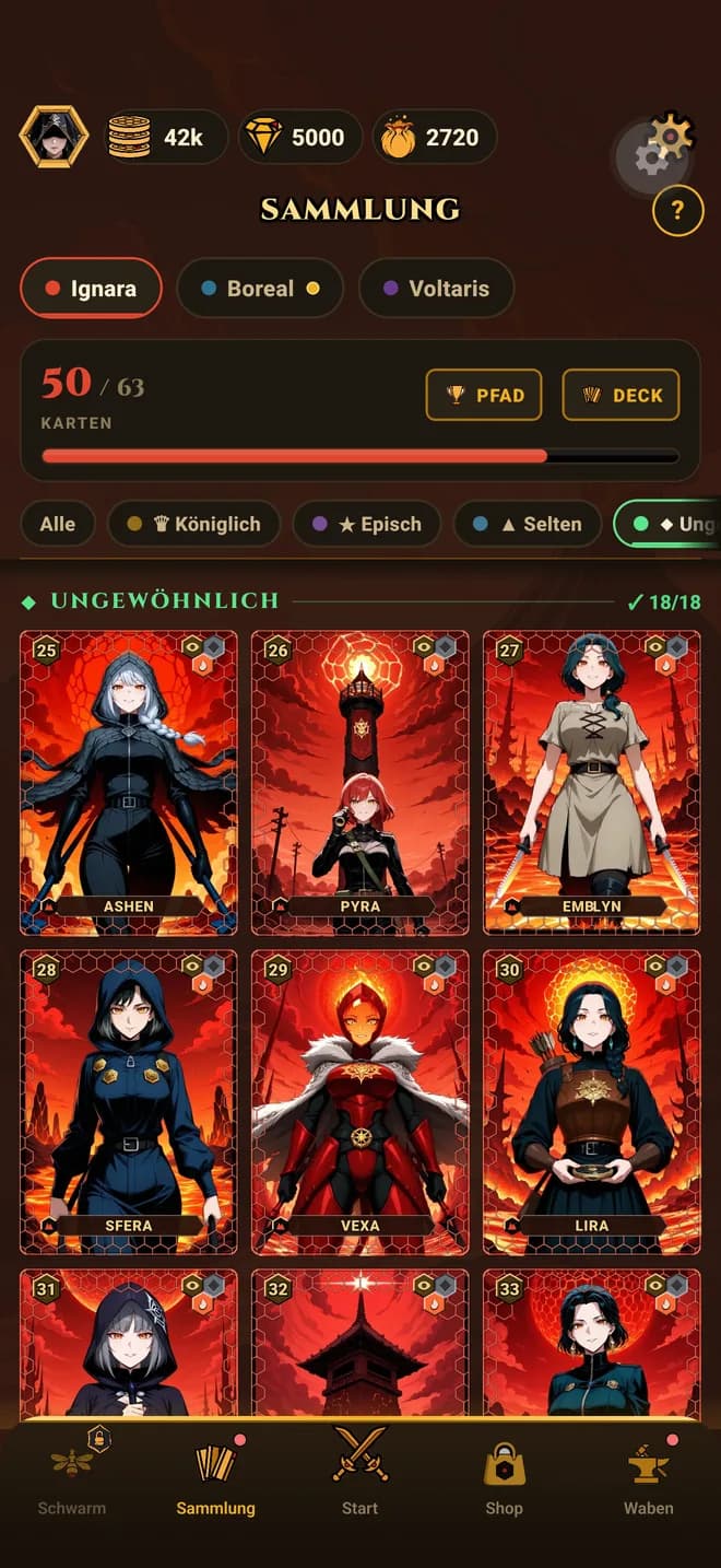 Hive TCG — die Sammelwand eines Stocks, mit versiegelten Waben für fehlende Karten