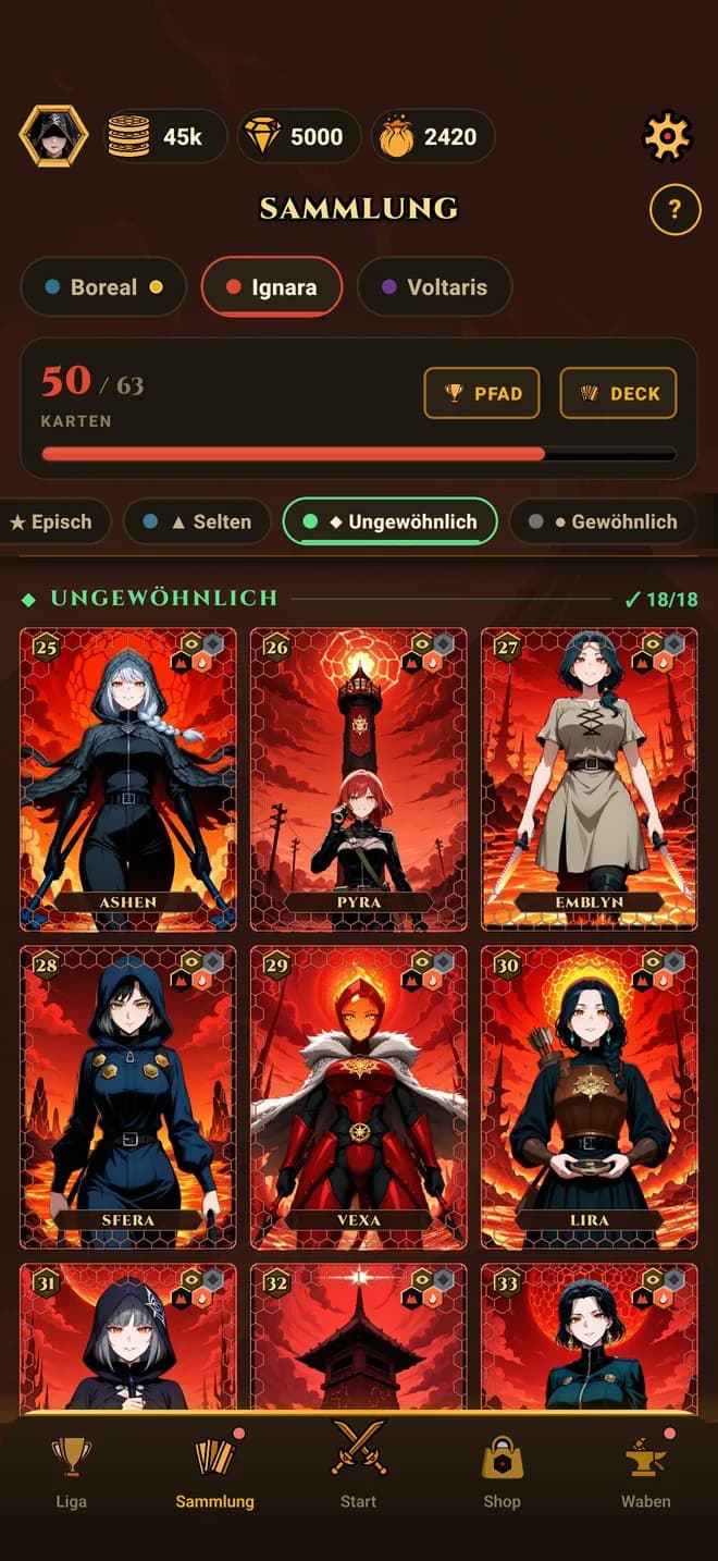 Hive TCG — die Sammelwand eines Stocks, mit versiegelten Waben für fehlende Karten