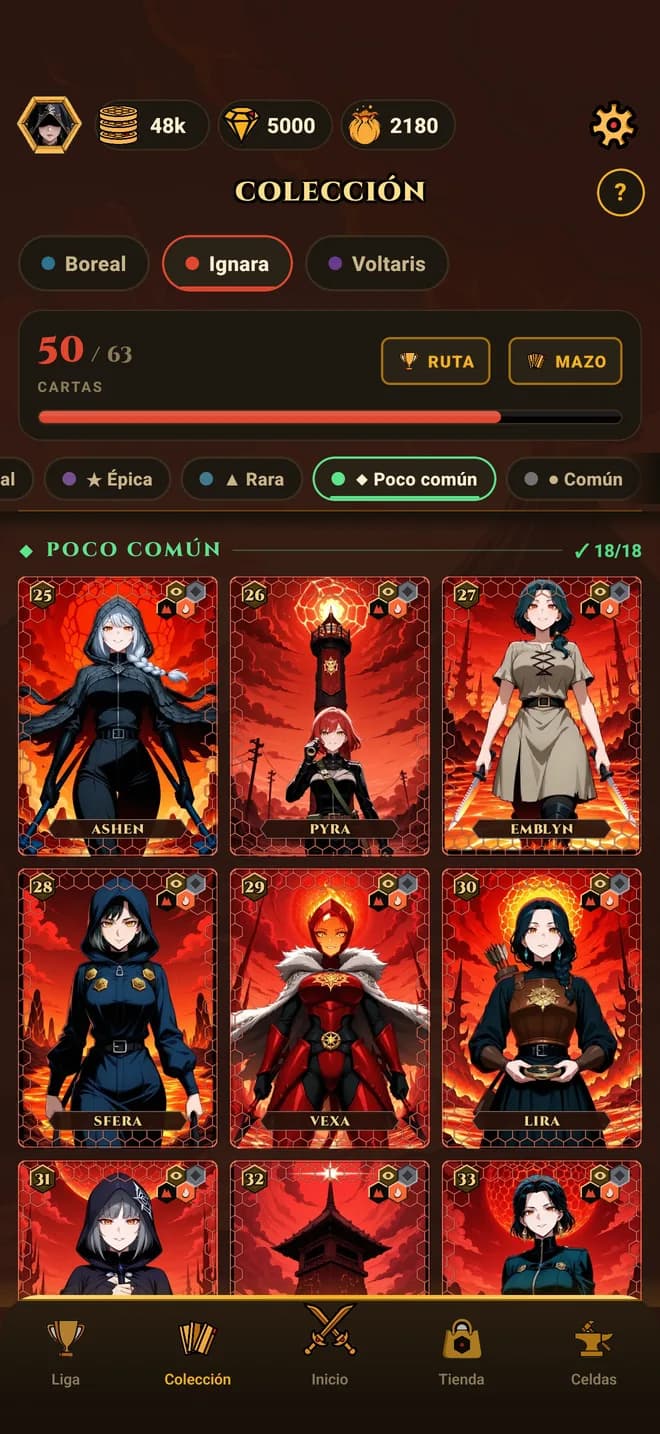 Hive TCG — el muro de colección de una colmena, con celdas selladas para las cartas que faltan