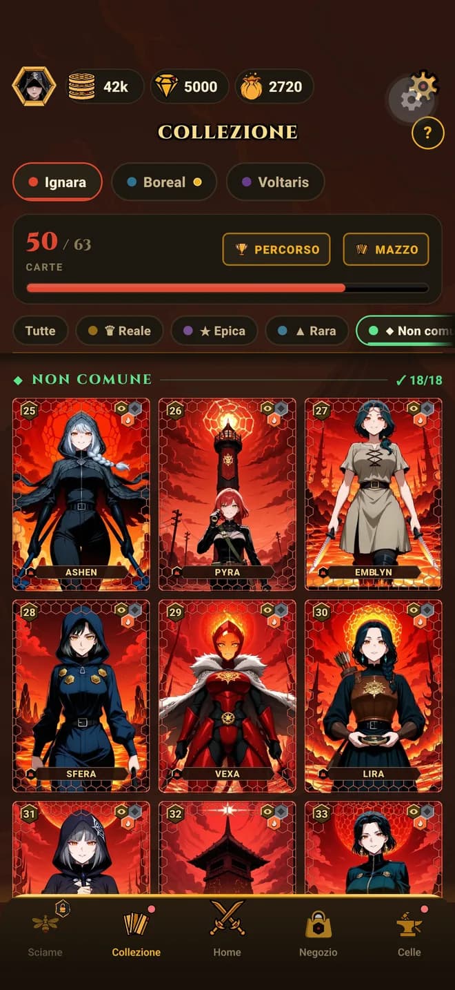 Hive TCG — il muro della collezione di un alveare, con celle sigillate per le carte mancanti