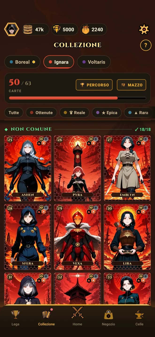 Hive TCG — il muro della collezione di un alveare, con celle sigillate per le carte mancanti