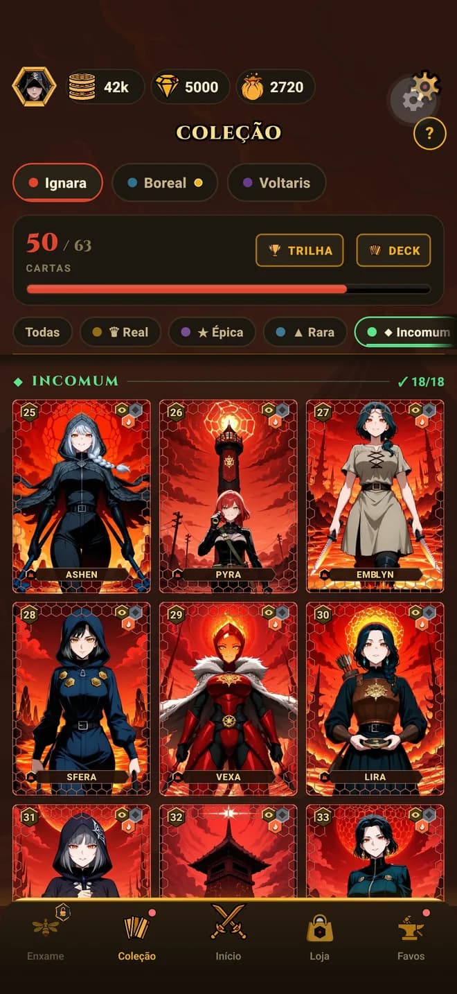 Hive TCG — o mural de coleção de uma colmeia, com células lacradas para as cartas que faltam